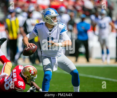 San Francisco, Kalifornien, USA. 16 Sep, 2018. Setember 16, 2018: Detroit Lions Quarterback Matthew Stafford (9) in Aktion während der NFL Football Spiel zwischen den Detroit Lions und die San Francisco 49ers bei Levi's Stadion in Santa Clara, CA. Die 49ers besiegten die Löwen 30-27. Damon Tarver/Cal Sport Media Credit: Cal Sport Media/Alamy Live News Credit: Cal Sport Media/Alamy leben Nachrichten Stockfoto