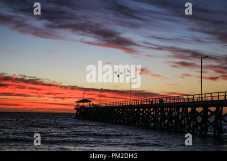 Adelaide Australien. 17.September 2018. Grange Pier ist Silhouetted aganst ein dramatischer Himmel bei Sonnenuntergang Credit: Amer ghazzal/Alamy leben Nachrichten Stockfoto