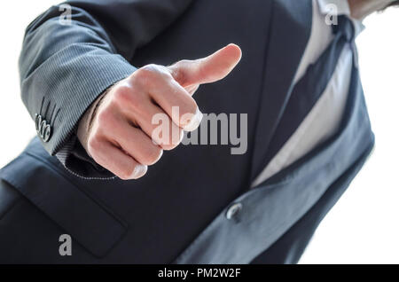 7/8-Ansicht von einem Geschäftsmann mit Daumen nach oben Geste. Stockfoto