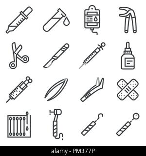 Vektorlinie Medizingeräte und Zubehör Symbole gesetzt. Medizinische Greifer, Dropper, Scaler, Perfusion, zahnmedizinische Bohrgerät, Medizinische Scrissors, Spritze, Skalpell, Stock Vektor