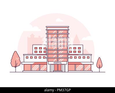 Krankenhaus Gebäude - Moderne thin line Design Vektor Grafik auf weißem im städtischen Hintergrund. Rot hochwertige Komposition mit Fassade des m Stock Vektor