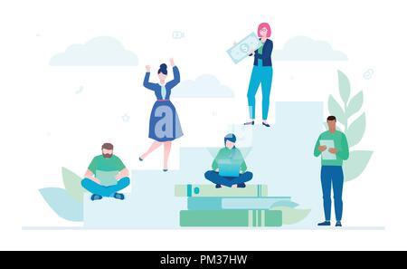 Teamwork - flaches design Stil bunte Bild auf weißem Hintergrund. Eine Komposition mit internationalen Business Group Mitarbeiter, die auf einem Projek Stock Vektor