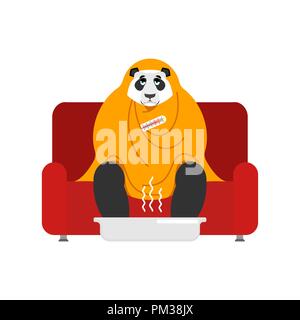 Panda Kranken im Sessel sitzt in der Decke eingewickelt. Chinesische tragen Krankheit niesen. Unglücklich Tier in Vogelgrippe sitzt auf einem Sofa. Vector Illustration Stock Vektor