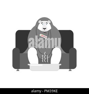 Polar bear Kranken im Sessel sitzt in der Decke eingewickelt. Tier Krankheit niesen. Unglücklich Tier in Vogelgrippe sitzt auf einem Sofa. Vector Illustration Stock Vektor