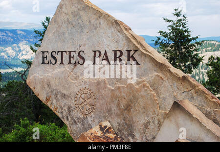 Estes Park unterzeichnen. Statutarische Stadt in Larimer County, Colorado, USA. Stockfoto