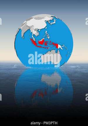 Indonesien auf Kugel schweben im Wasser. 3D-Darstellung. Stockfoto