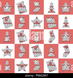 Weihnachten Adventskalender. Gestrickte Objekte - Tasche für Geschenke, Stern, Socke, Weihnachtsbaum Stock Vektor