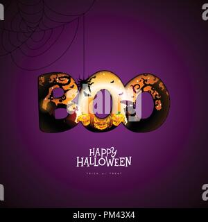 Buh, Happy Halloween Design mit Kürbis, Mond und fliegende Fledermäuse in Typografie Schrift auf dunklem lila Hintergrund. Vektor Urlaub design Vorlage mit Friedhof für Grußkarten, Flyer, Plakat oder Feier Party Einladung. Stock Vektor