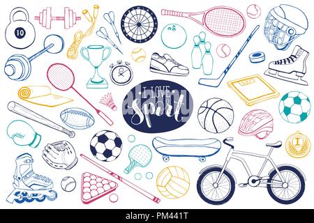 Sammlung von Vector Sport Equipment. Doodle sport Artikel Abbildung. Hand gezeichnet Sport Bälle, Schläger, Fahrrad auf weißem Hintergrund. Stock Vektor