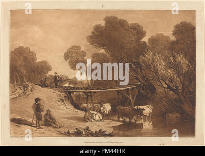 Brücke und Kühe. Vom: veröffentlicht 1807. Medium: Radierung und schabkunst. Museum: Nationalgalerie, Washington DC. Autor: Joseph Mallord William Turner und Charles Turner. TURNER, Joseph Mallord William. Stockfoto