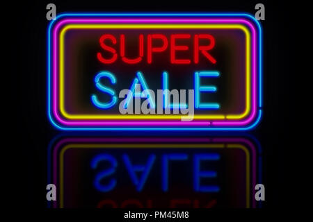Große Super Sale light Neon. Werbebanner für Schwarzer Freitag Förderung 3D-Abbildung. Stockfoto