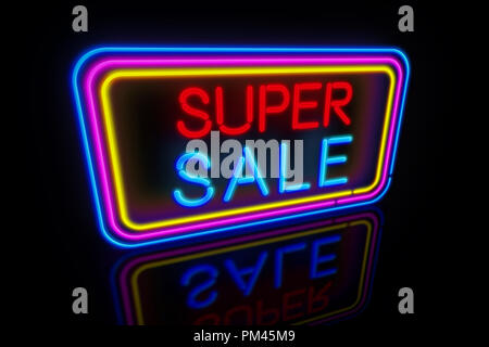 Große Super Sale light Neon. Werbebanner für Schwarzer Freitag Förderung 3D-Abbildung. Stockfoto