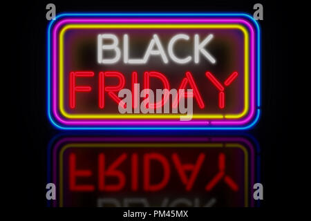 Großer Schwarzer Freitag light Neon. Werbebanner 3D-Abbildung. Stockfoto
