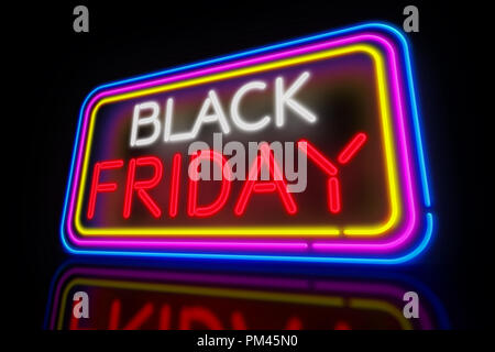 Großer Schwarzer Freitag light Neon. Werbebanner 3D-Abbildung. Stockfoto