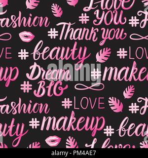 Weibliche Schönheit Inschrift nahtlose Muster. Rosa Schrift auf schwarzen Hintergrund isoliert. Vector Illustration. Stock Vektor