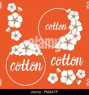 Set Baumwolle Blume Rahmen. Flat Style orange farbigen Hintergrund. Vector Illustration. Stock Vektor