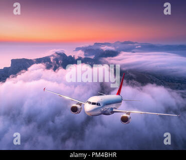 Pkw Flugzeug über Wolken bei Sonnenuntergang fliegen. Landschaft mit großen weißen Flugzeug, niedrige Wolken, Meer, purple sky in der Abenddämmerung. Flugzeug landet. Geschäft Stockfoto