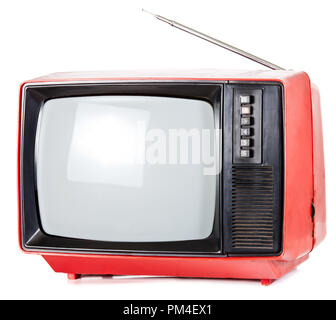 Vintage red Fernseher auf weißem Hintergrund Stockfoto