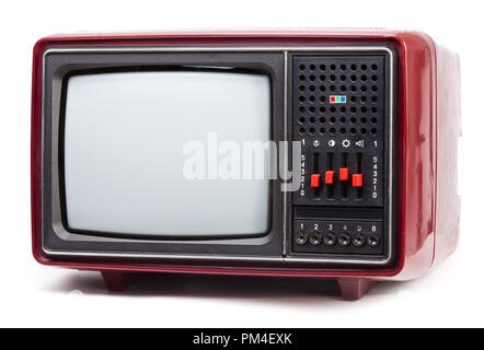 Vintage red Fernseher auf weißem Hintergrund Stockfoto