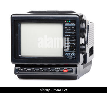 Vintage kleine tragbare Farb-TV mit Radio auf weißem Hintergrund Stockfoto
