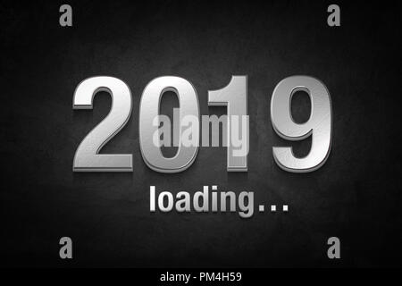 Text von 2019 Silber auf Schwarz Betonwand. Neues Jahr Konzept. Stockfoto