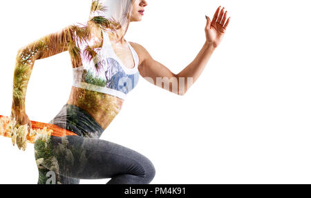 Doppelbelichtung junge sportliche Frau und Natur. Stockfoto