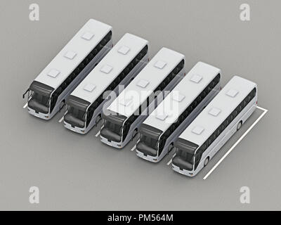 Parkplatz voll group-Busse orthogonale Ansicht. 3D-Rendering Stockfoto