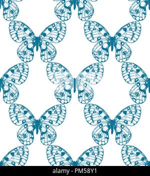 Vektor nahtlose Muster der blauen Hand gezeichnete Schmetterling auf weißem Hintergrund. Clossiana apollo Hintergrund Stock Vektor
