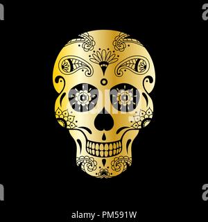 Vektor golden Sugar Skull mit Blumenmuster auf schwarzem Hintergrund. Luxus Abbildung: Sugar Skull für mexikanische Tag der Toten Feier Festival Stock Vektor