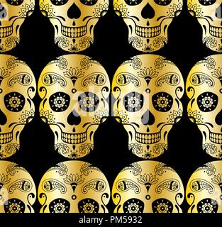 Vektor nahtlose Muster der golden Sugar Skull mit Doodle florale Elemente auf schwarzem Hintergrund. Hintergrund für die mexikanischen Tag der Toten Stock Vektor
