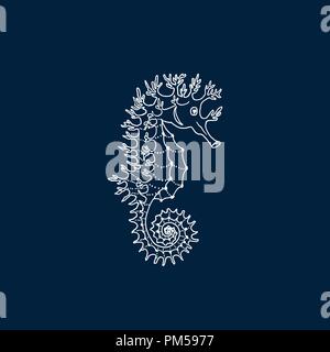 Vector Abbildung: Weiße seahorse Silhouette auf dunkelblauem Hintergrund. Handzeichnung Seahorse Stock Vektor