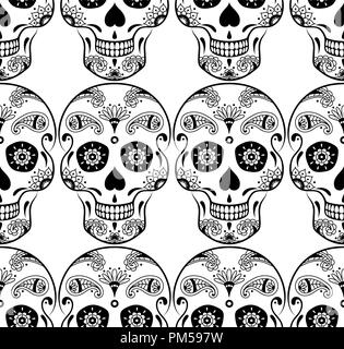 Vektor nahtlose Muster der schwarzen Sugar Skull mit Doodle florale Muster auf weißem Hintergrund. Färbung Seite Buch für mexikanischen Tag der Toten Stock Vektor