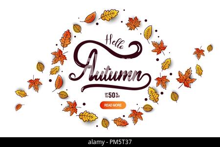 Herbst Kalligraphie Banner. Herbst Sale Hintergrund Layout mit Blättern für Shopping Verkauf dekorieren Vorlagen für Plakate, Banner, Flyer. Stock Vektor