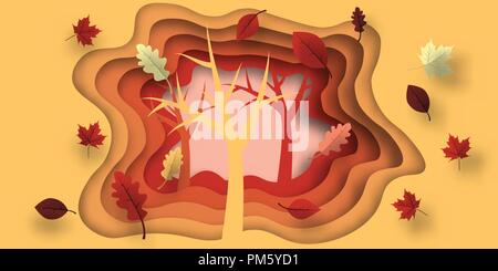 Herbst Papier schneiden mit Blättern und Baum. Zusammenfassung Hintergrund mit Formen in gelb, orange, lila Farben. Design für Dekoration, Präsentation, Stock Vektor