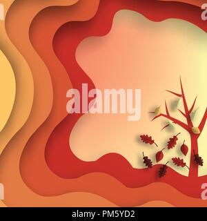Herbst Papier schneiden mit Blättern und Baum. Zusammenfassung Hintergrund mit Formen in gelb, orange, lila Farben. Design für Dekoration, Präsentation, Stock Vektor