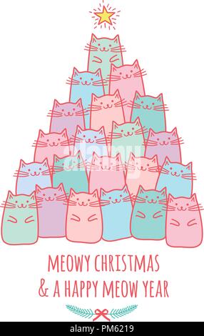 Weihnachtskarte mit niedlichen kawaii Katzen, meowy Christmas, Vektor doodle Zeichnung Stock Vektor