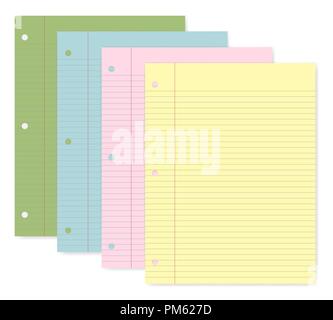 Gelochtes farbigen Füller Papier für 3 Ring Binder, vector Template. Liniert Schreibblöcke mit Rand auf weißem Hintergrund, Mock up Stock Vektor