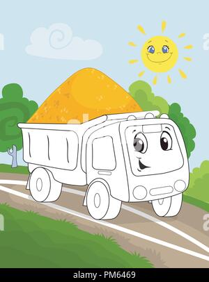 Malbuch Seite für Kinder im Vorschulalter mit bunten Hintergrund und Skizze arbeiten Lkw Auto zum Färben Stock Vektor