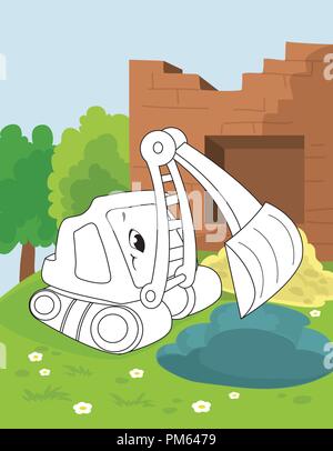 Malbuch Seite für Kinder im Vorschulalter mit bunten Hintergrund und Skizze arbeiten bulldoser Auto zum Färben Stock Vektor