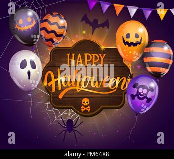Einladungskarte Happy Halloween Party auf Holzbrett mit Monster Luftballons, Spider-, bat- und Schriftzug. Perfekt für für Web, Poster, Plakate, Flyer, Banner, Grüße. Vector Illustration. Stock Vektor