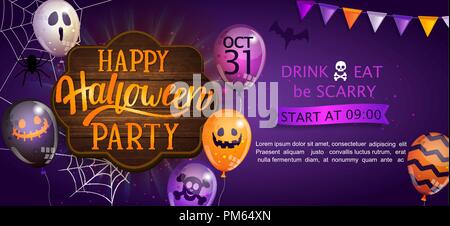 Banner für Happy Halloween Party mit Schriftzug auf Holzbrett und Monster Luftballons Willkommen. Einladung und Grußkarten mit Spinne und Fledermaus für Web, Poster, Plakat, Flyer. Vector Illustration. Stock Vektor