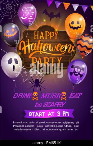 Flyer für Happy Halloween Party mit Schriftzug auf Holzbrett und Monster Luftballons Willkommen. Einladung und Grußkarten mit Spinne und Fledermaus für Web, Poster, Plakat, Banner. Vector Illustration. Stock Vektor