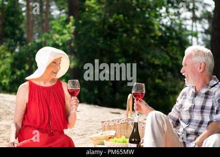 Positive Rentner mit Picknick und trinken Rotwein Stockfoto