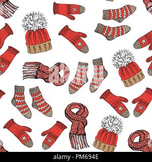 Wintersaison doodle Kleidung Musterdesign. Handgezeichnete Skizzierelemente warm Geweih Pullover Socken, Handschuhe und Hüte. Vektor-Hintergrund-illustration Stock Vektor