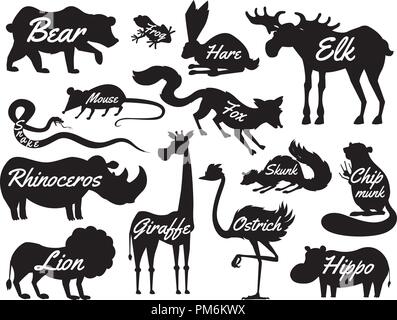 Tiere für Ihr Baby. Silhouetten isoliert. Wild giraffe Kamel Elche und Rehe, Nashorn. Hase, Wolf und mit Löwen und Tiger tragen. vintage Welt. Cartoon Vektor. Stock Vektor