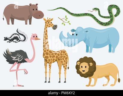 Süße Tiere für Ihr Baby. Wild giraffe Nashorn. Strauß und Skunk. Schlange und Nilpferd. Löwe und Tiger. vintage Welt. Cartoon Vektor. Stock Vektor