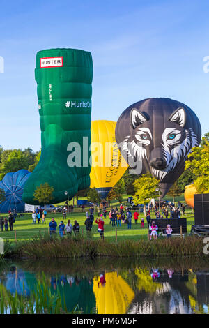 Heißluftballons die Vorbereitung für die morgen Masse Aufstieg in Longleat Sky Safari, Wiltshire, UK im September Stockfoto