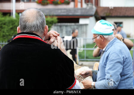 Sumiswald, Schweiz, 14. September 2018: Nahaufnahme von einem Landwirt von hinten nach der Parade im Dorf Sumiswald im Kanton Bern Der aut Stockfoto