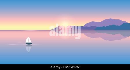 Lonely Segelboot auf einem ruhigen See bei Sonnenaufgang Vektor-illustration EPS 10. Stock Vektor