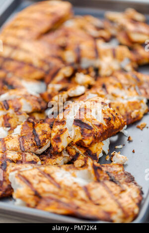 Grillen für die Kabeljaubestände, für Fisch Tacos auf outdoor Gas Grill. Stockfoto